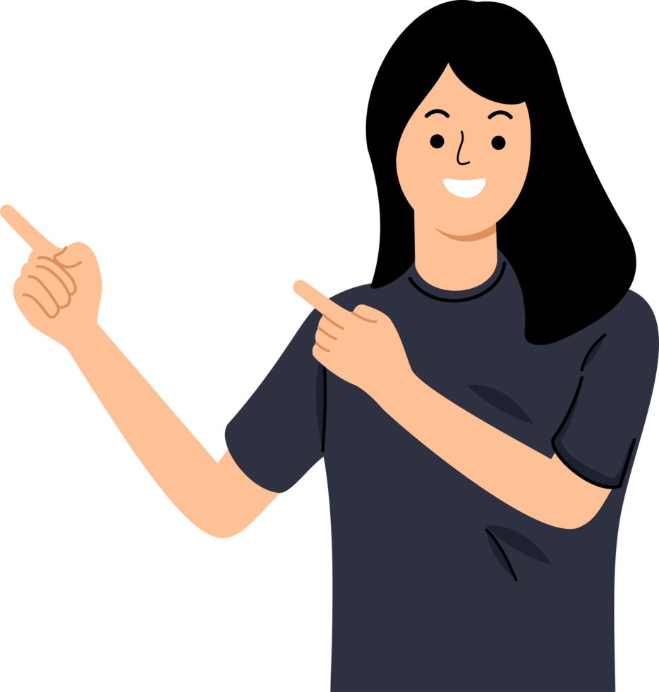 portrait of young woman pointing fingers at copy space png