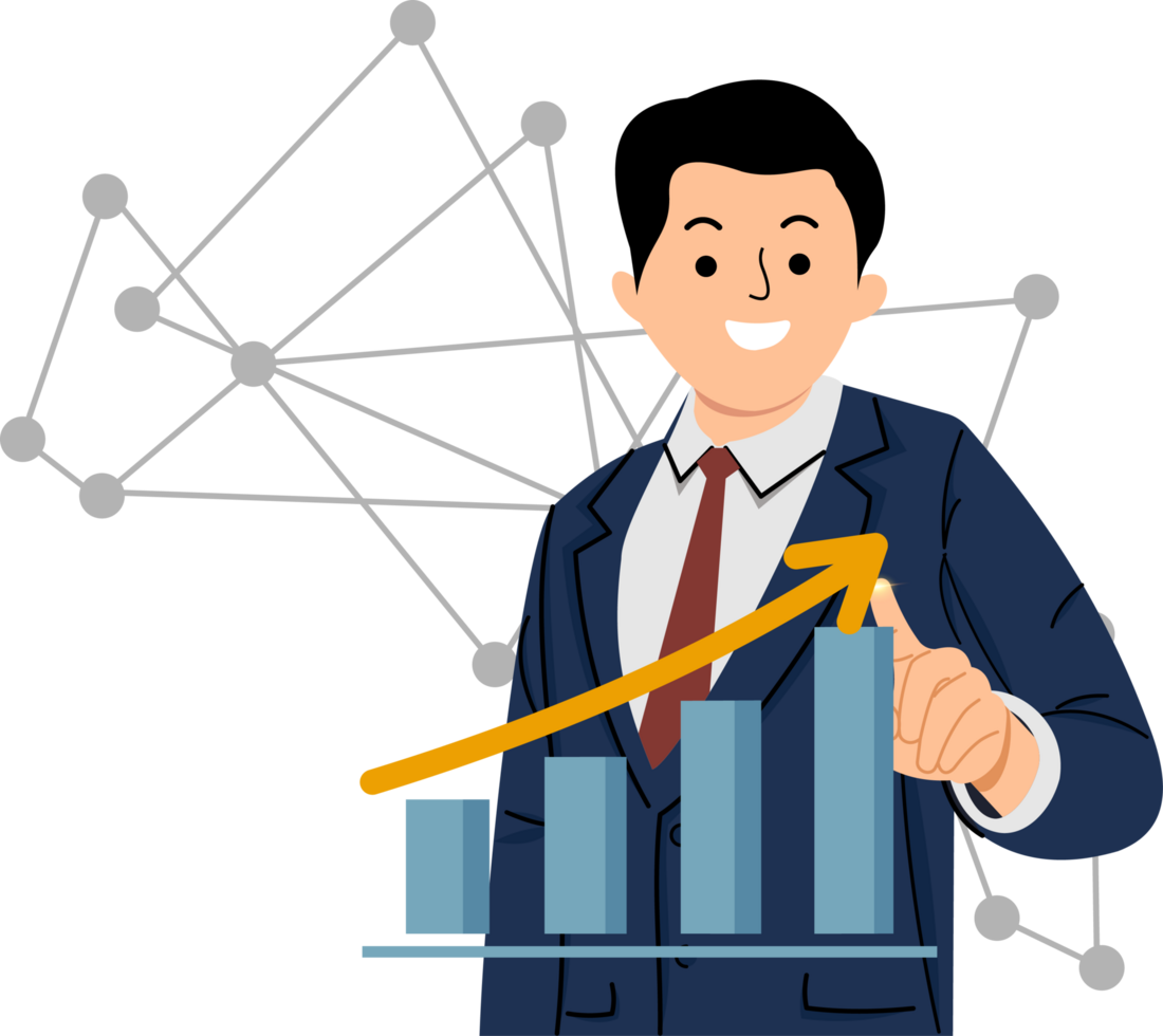 homme d'affaire émouvant virtuel écran en cours d'analyse financier et investissement Les données Planification stratégies à augmenter Ventes profit, en cours d'analyse financier graphique sur virtuel écran png