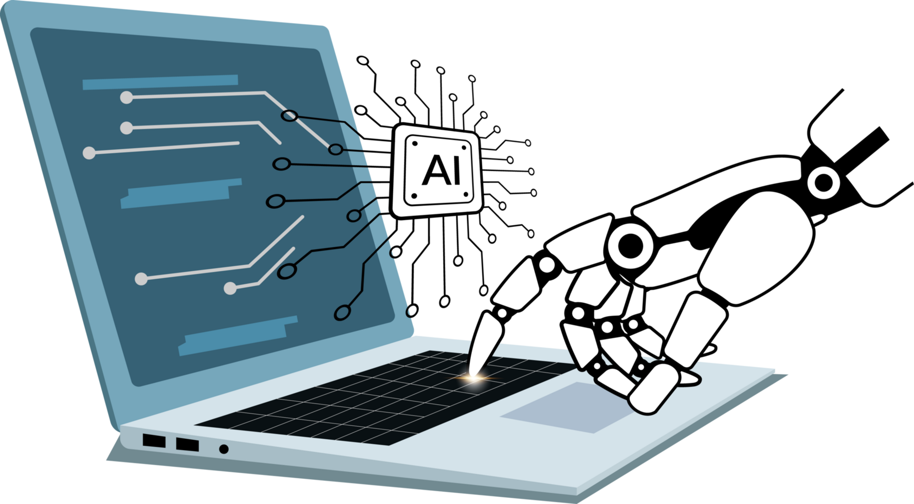 robot mano utilizzando computer portatile, mano di robot toccante su grande dati Rete, scienza e artificiale intelligenza tecnologia, innovazione di futuristico png