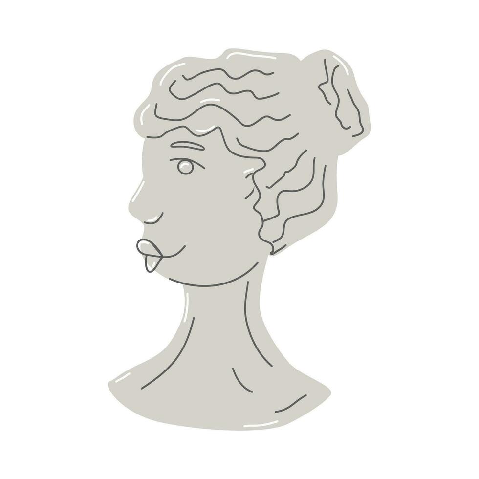 Contemporary art with gypsum antique statue head. Hair pulled back in a bun. Vaporwave style poster concept. Vector illustration.