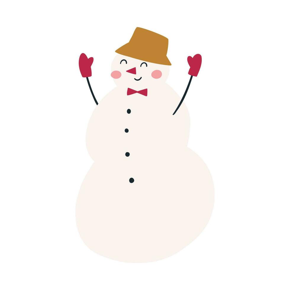 alegre monigote de nieve en sombrero, arco Corbata y guantes, dibujos animados plano vector ilustración aislado en blanco antecedentes. Navidad fiesta celebracion fiesta. infantil invierno personaje.