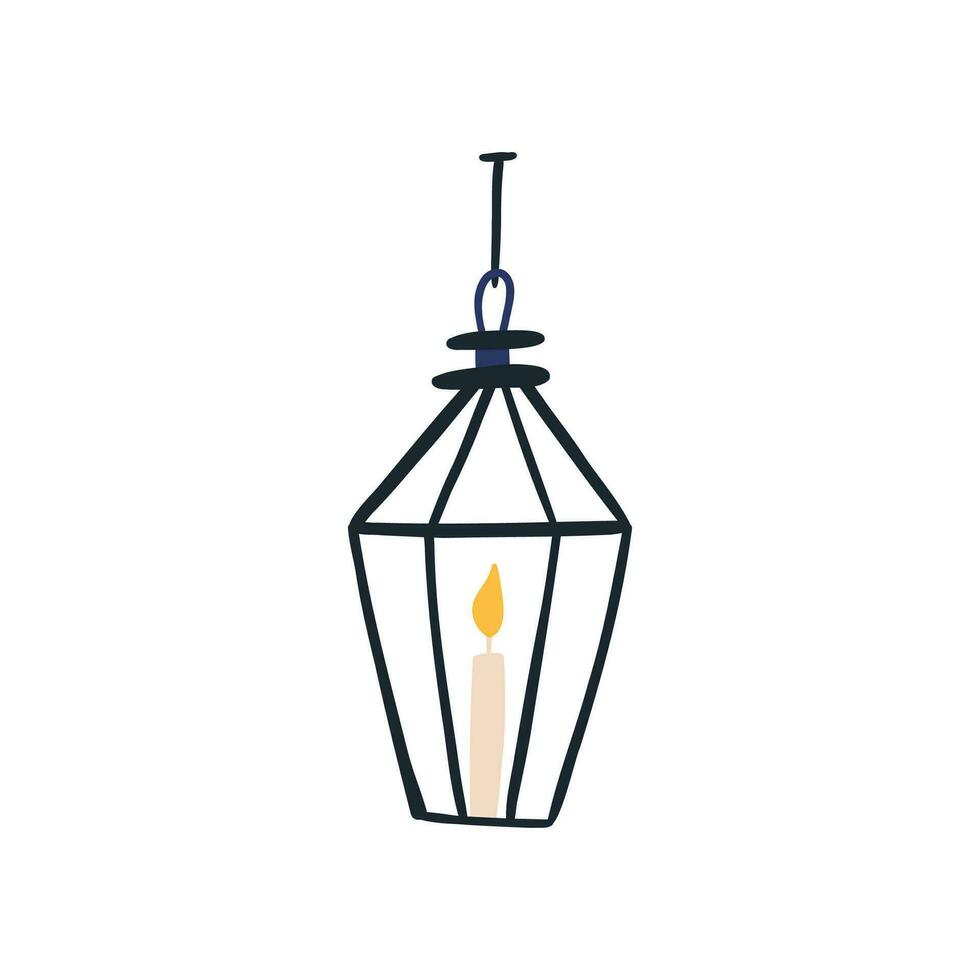 Old lantern with candle hanging on ceiling or wall, cartoon flat vector illustration isolated on white background. Cute hand drawn lamp. Home decoration.