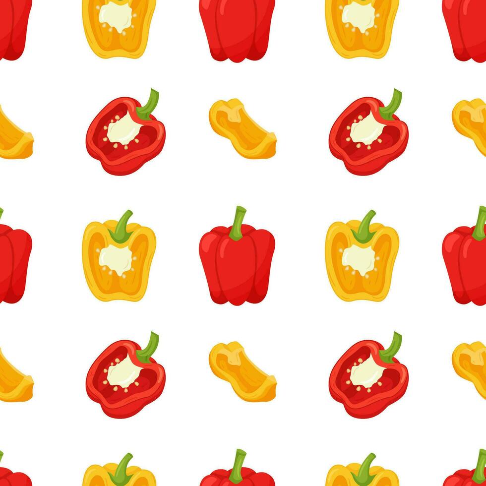 Seamless pattern with peppers. Simple color pattern with vegetables. The elements in the flat style are isolated without a background. For the design of kitchen accessories and food packaging. vector