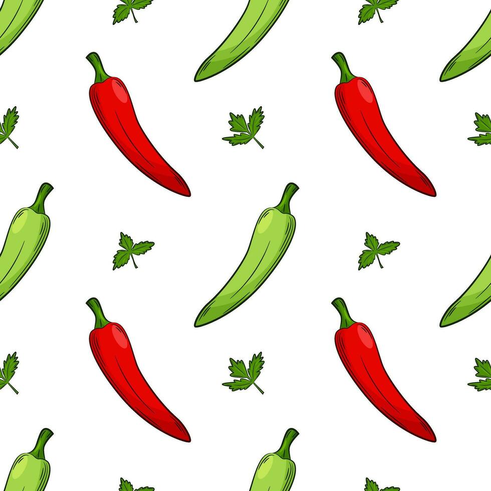 Seamless pattern with peppers and parsley. Bright, juicy, summer pattern with vegetables. Color elements in the linear style are isolated. For the design of kitchen accessories and food packaging vector