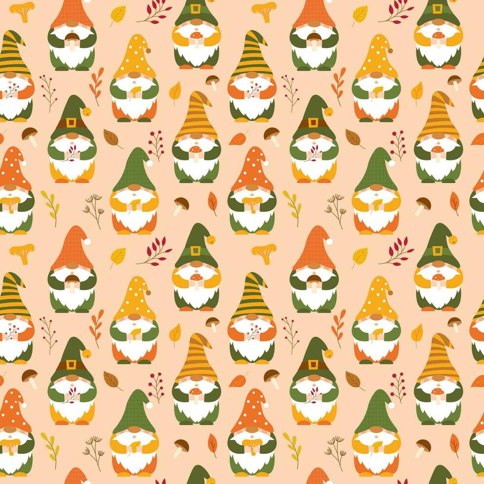 Seamless pattern with cute autumn gnomes holding mushroom, leaves, twigs in their hands. Backdrop of cartoon forest dwarfs for wrapping paper, wallpaper, textile. Vector characters on light background