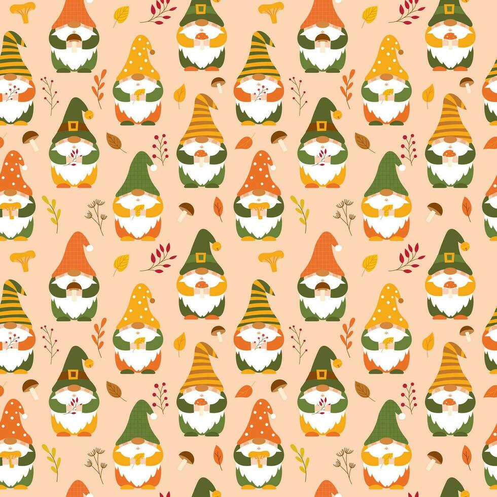 Seamless pattern with cute autumn gnomes holding mushroom, leaves, twigs in their hands. Backdrop of cartoon forest dwarfs for wrapping paper, wallpaper, textile. Vector characters on light background