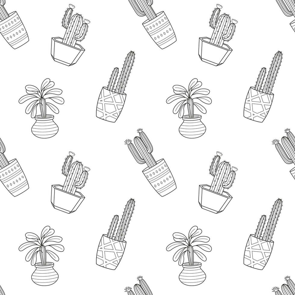 Seamless pattern with hand drawn doodle outline potted cactuses. Home plant, linear succulent. Vector black and white illustration on white background