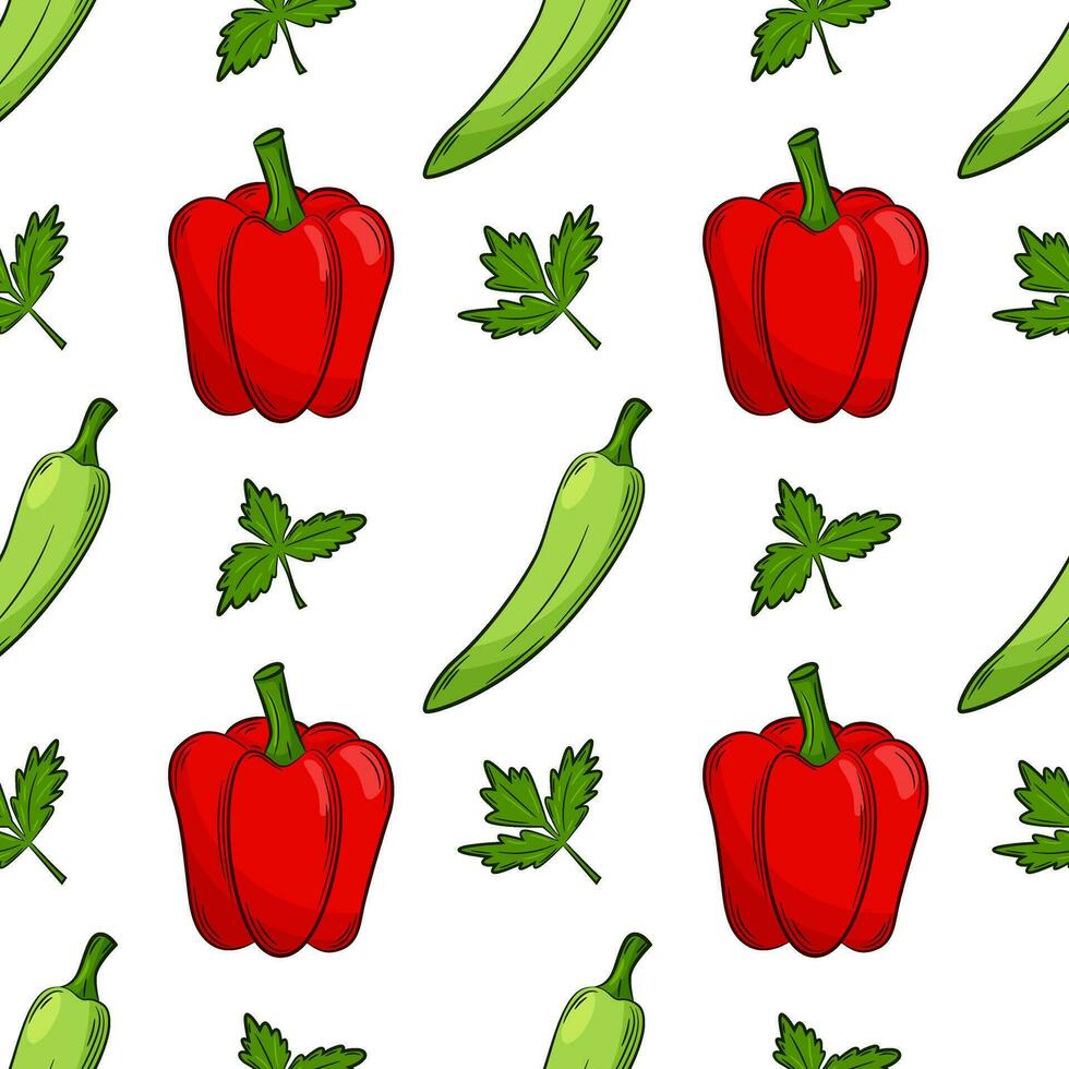 Seamless pattern with peppers and parsley. Bright, juicy, summer pattern with vegetables. Color elements in the linear style are isolated. For the design of kitchen accessories and food packaging vector