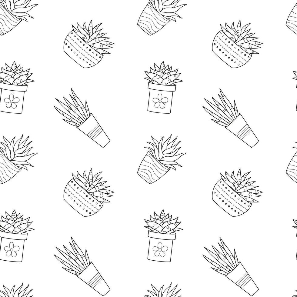 Seamless pattern with hand drawn doodle outline potted cactuses. Home plant, linear succulent. Vector black and white illustration on white background