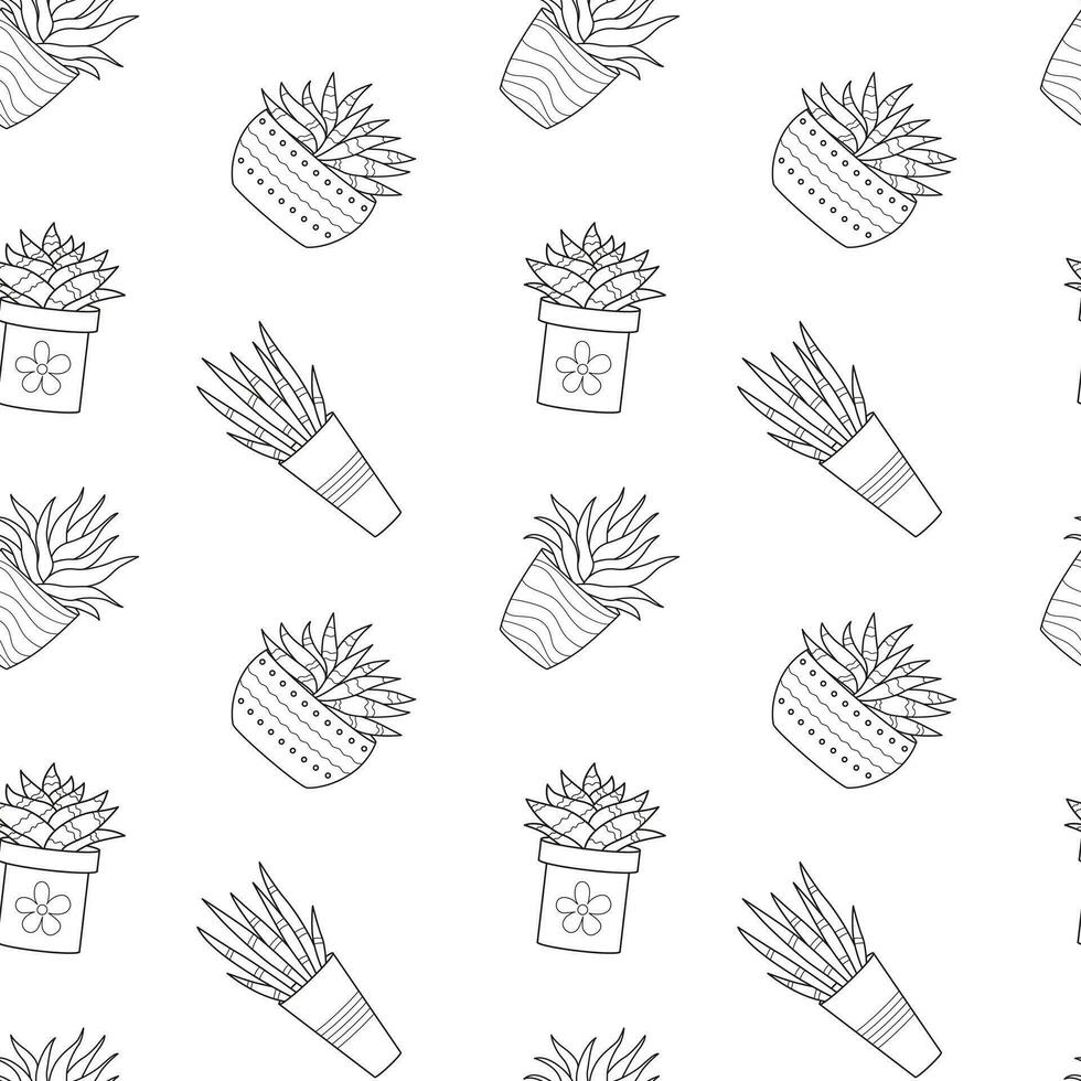 patrón sin costuras con cactus en maceta de contorno de fideos dibujados a mano. planta casera, suculenta lineal. ilustración vectorial en blanco y negro sobre fondo blanco vector