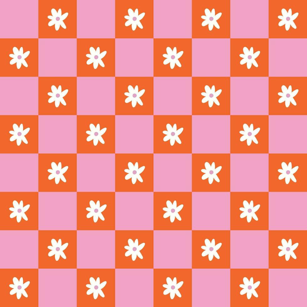 Checkerboard seamless pattern. Chessboard pattern. Retro background. Hippie background. Floral seamless pattern. Pink background vector