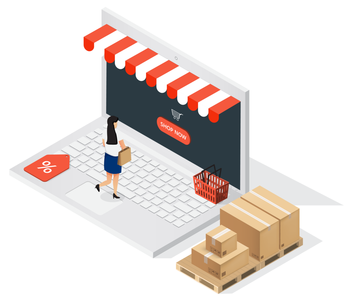Online shopping with laptop, online store discount, paper bags parcel box png