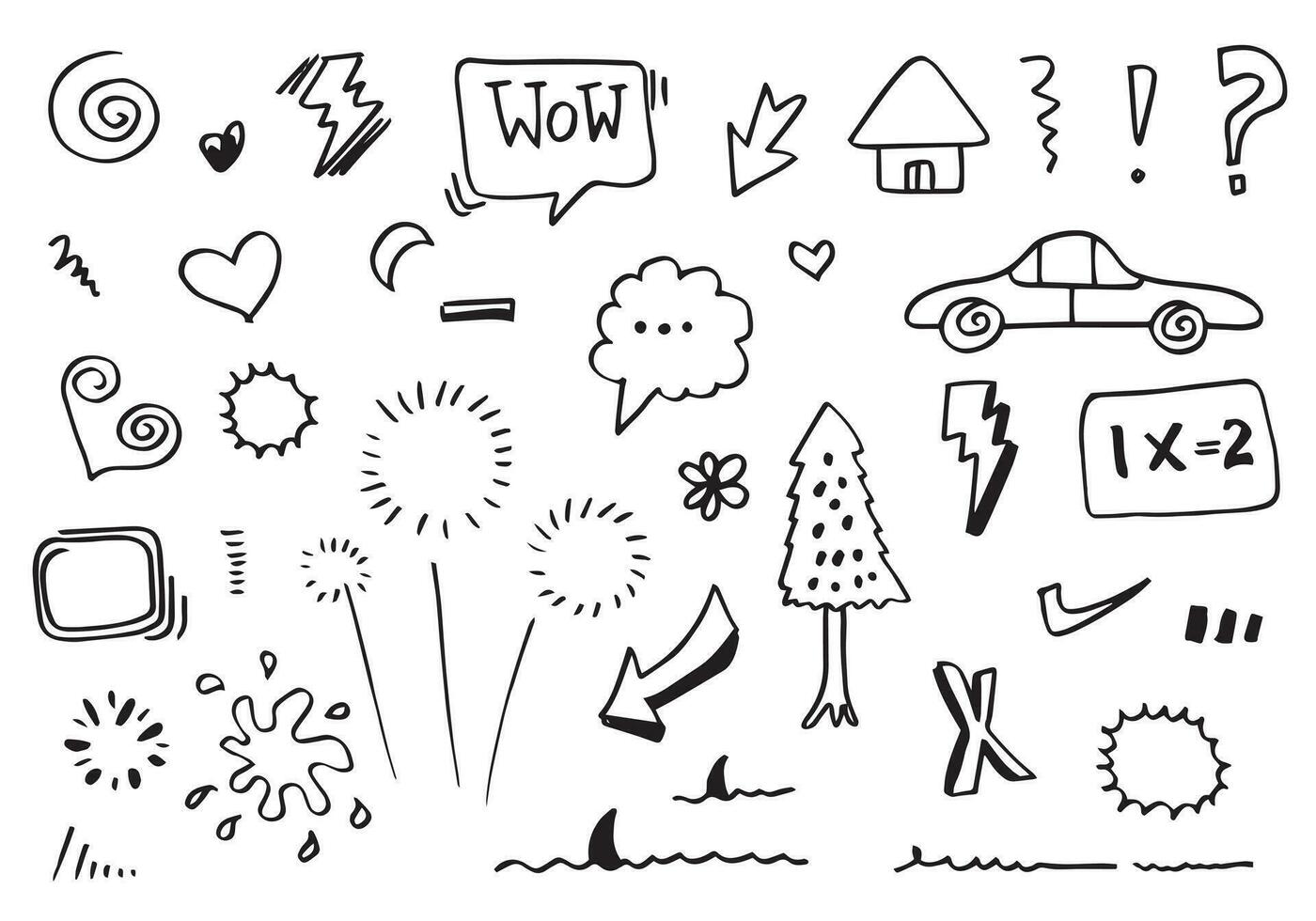 Hand drawn Arrows, hearts, car, leaves, frames, light, flowers, crowns, house, strokes, swirls. vector