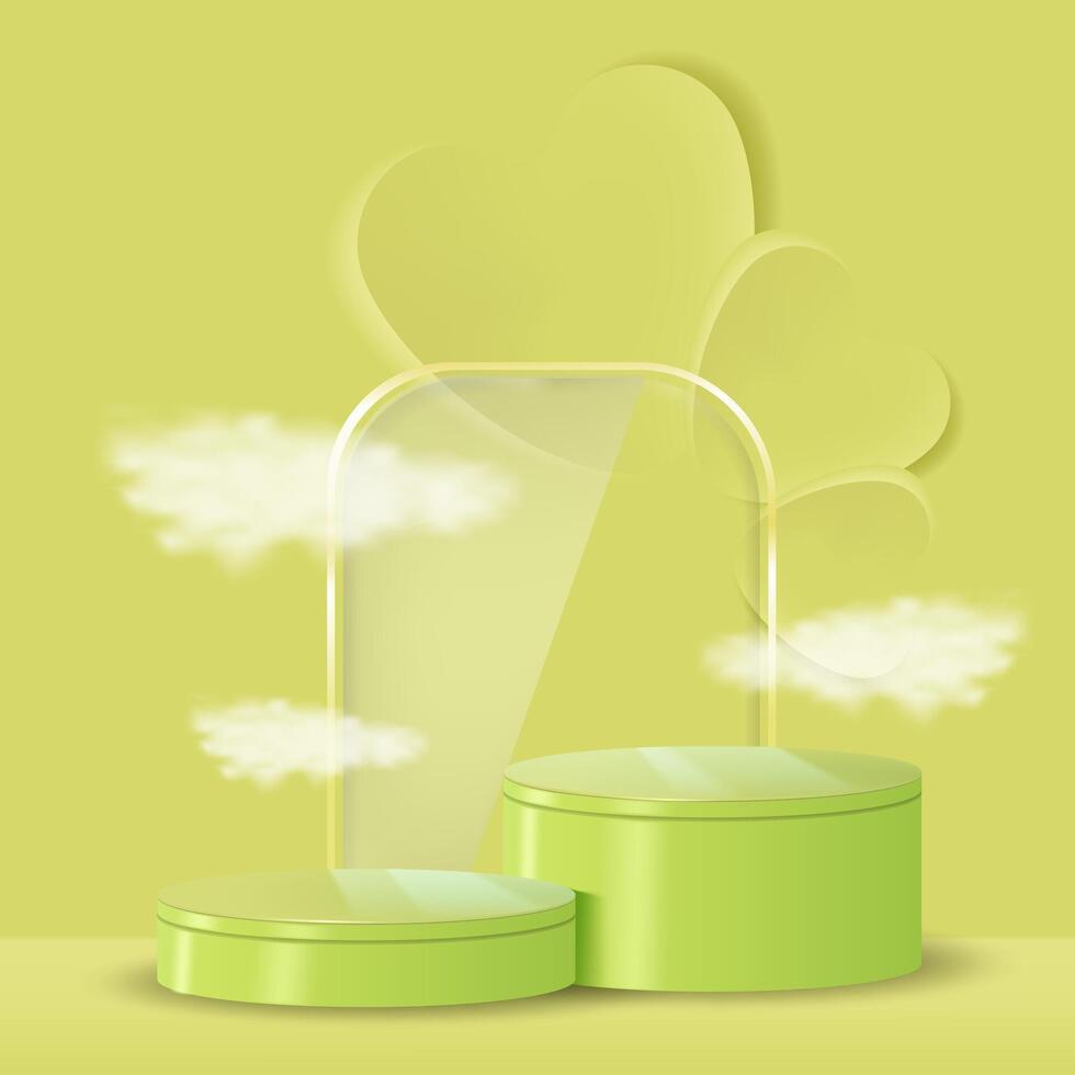 3D green podium with glass and clouds vector