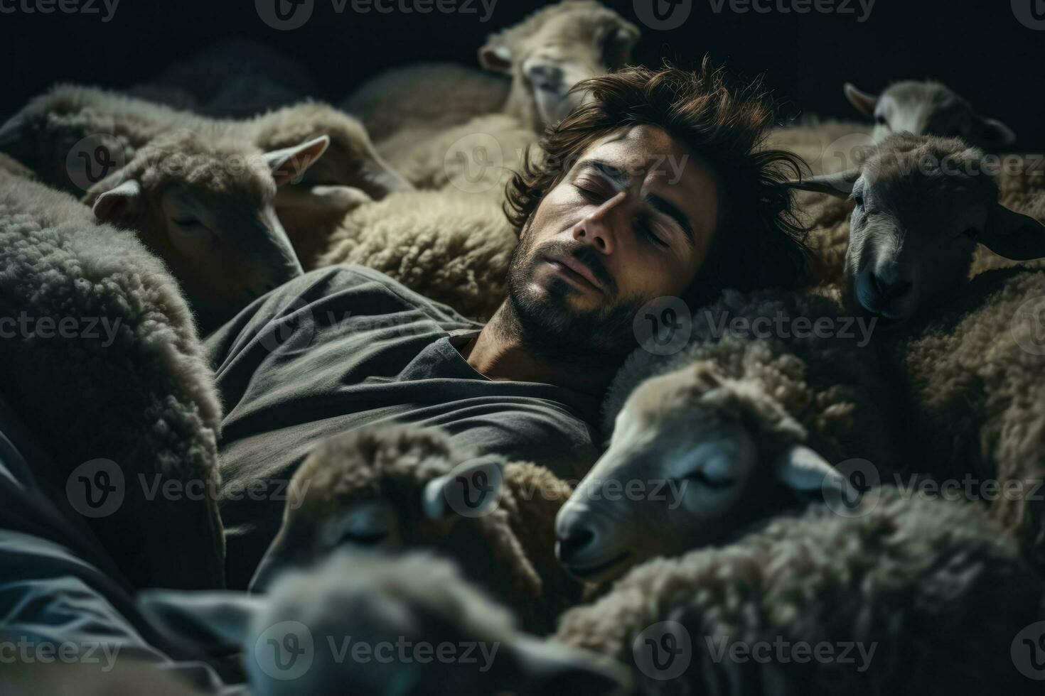 hombre intentos a dormir y contando oveja en el cama foto