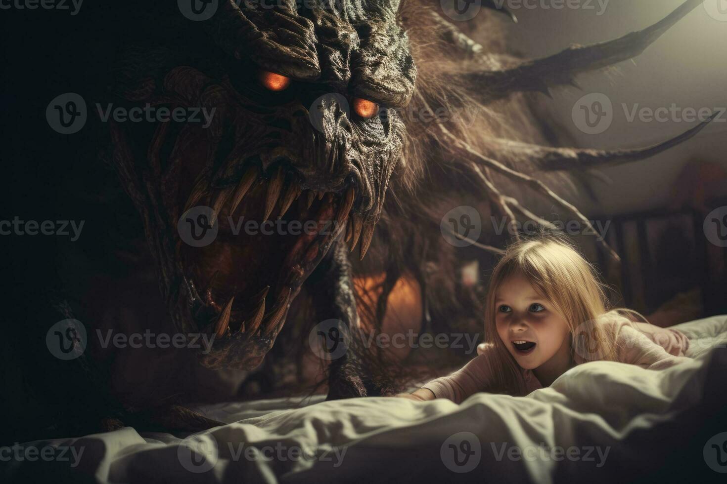 Child's nightmare a huge monster attacks a little frightened girl under