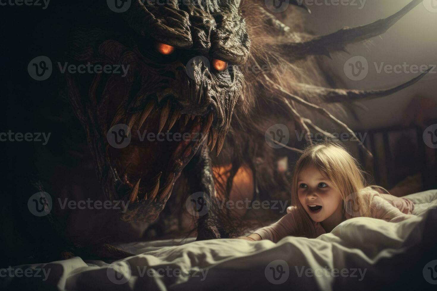 Child's nightmare a huge monster attacks a little frightened girl under the bed photo