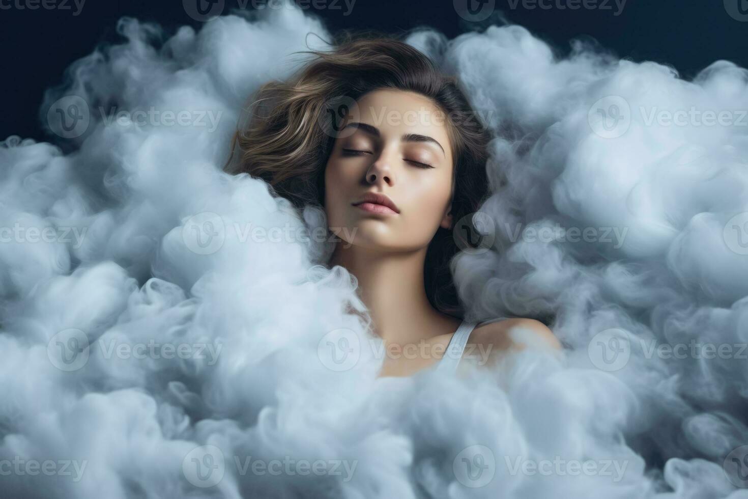 Woman sleeps on a cloud like in the bed photo