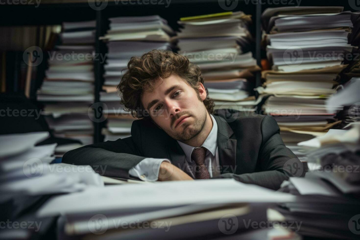 muy cansado hombre duerme en un montón de archivos en el oficina foto