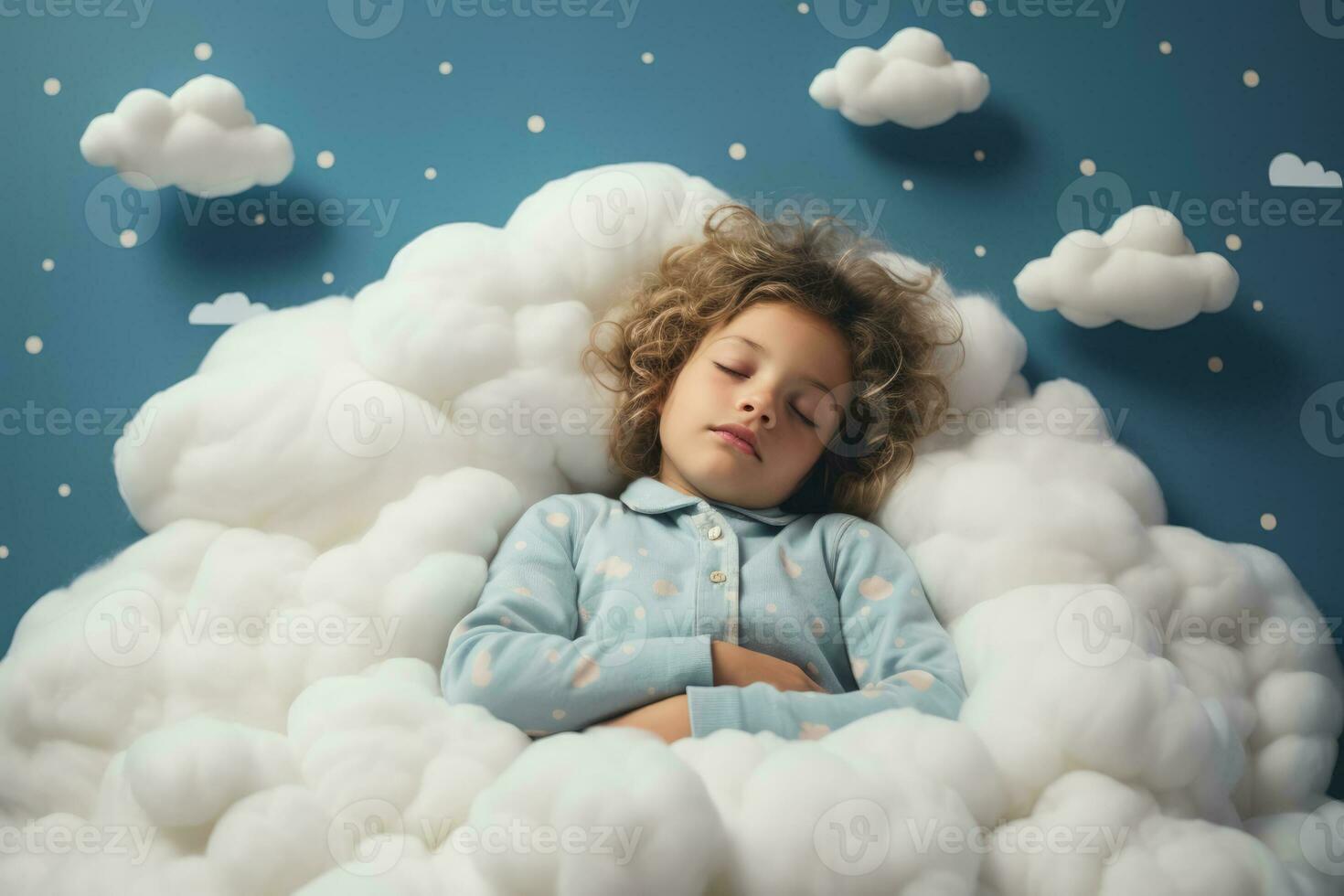 Kid sleeps on a cloud like in the bed photo