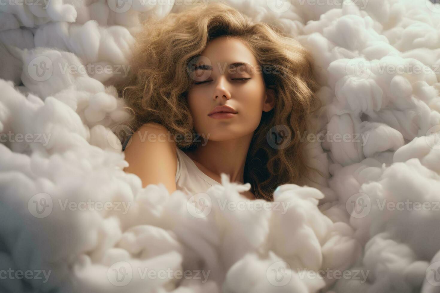 Woman sleeps on a cloud like in the bed photo