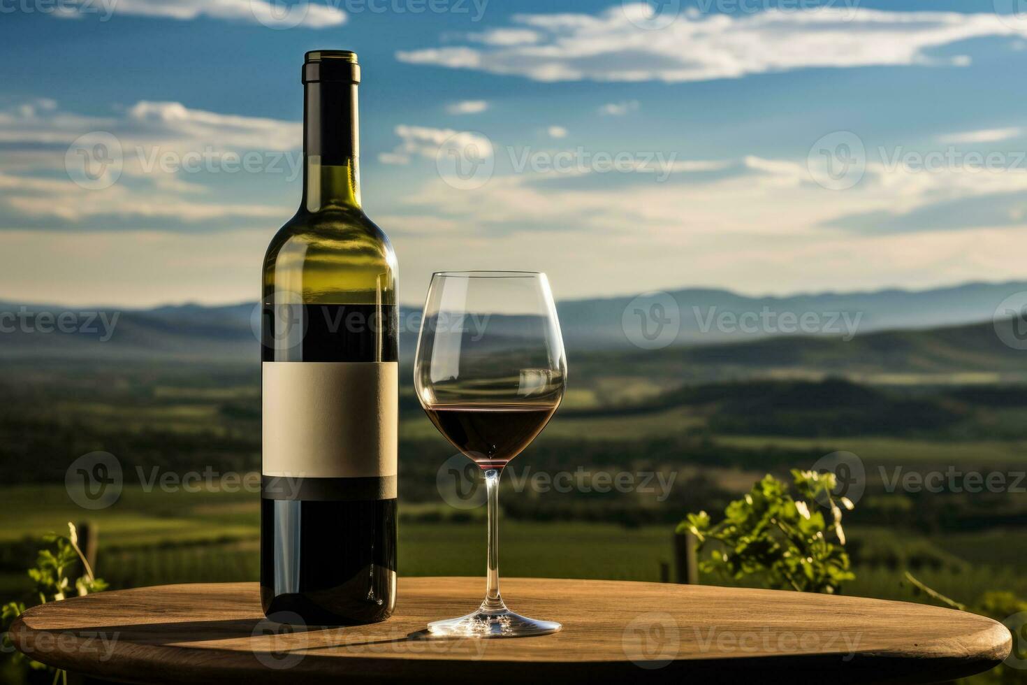 Vineyard tasting Wine bottle and glass with scenic backdrop photo