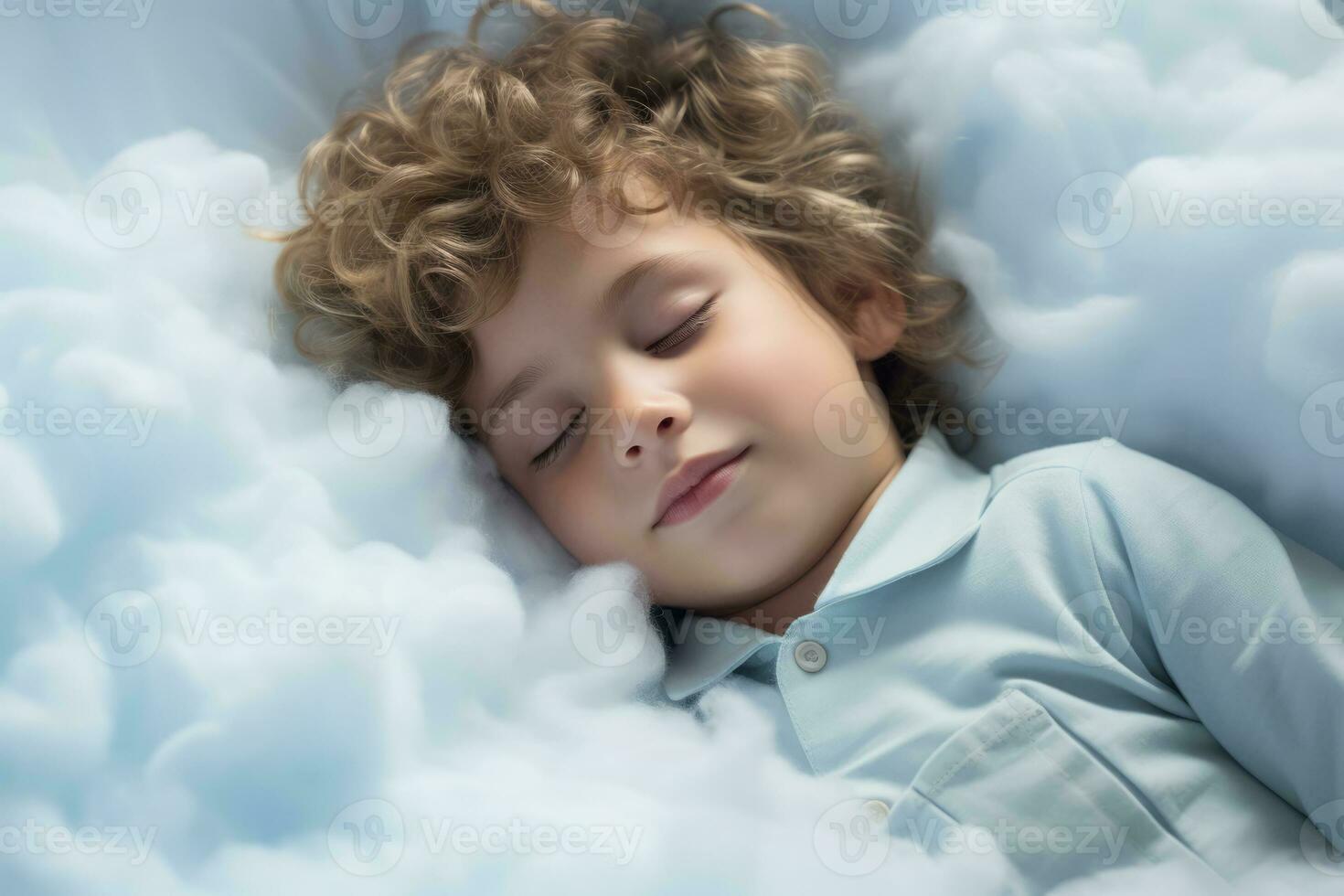 Kid sleeps on a cloud like in the bed photo