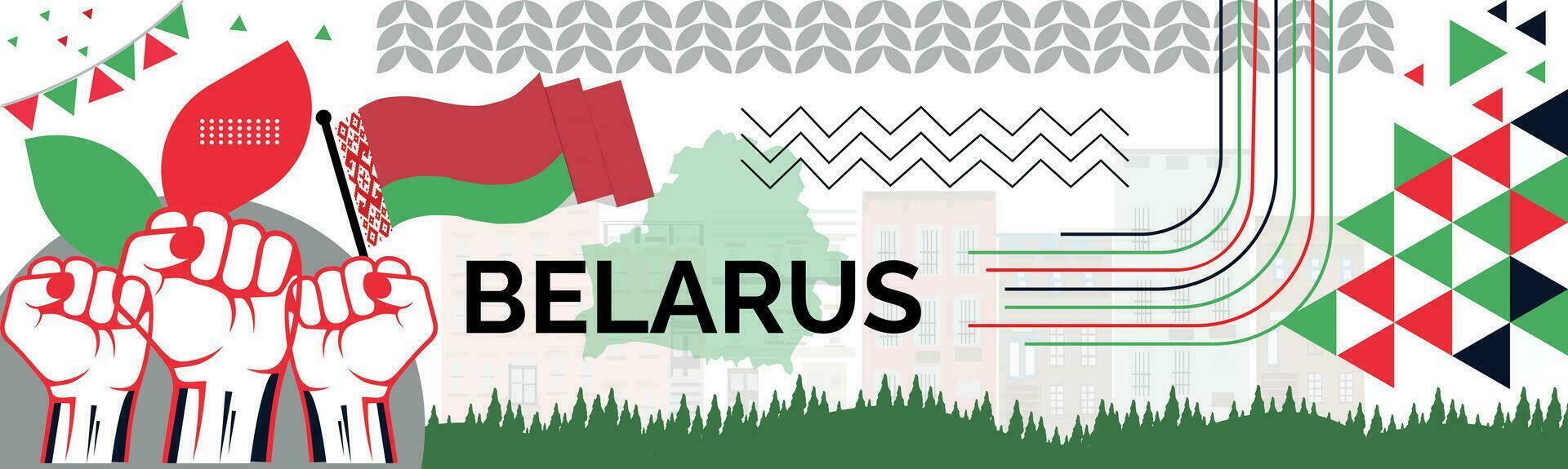 bielorrusia bandera y mapa con elevado puños puño elevado arriba con blanco pulsera en muñeca. protestas en bielorrusia después elección resultados vector