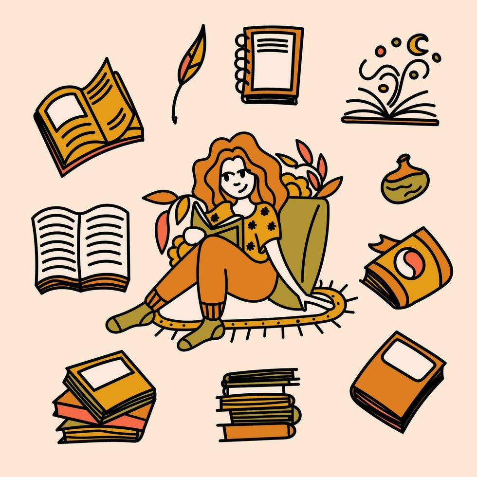 Books doodle illustration. Vector artwork featuring a girl with a book surrounded by various types of books, creating a cozy and inviting atmosphere.