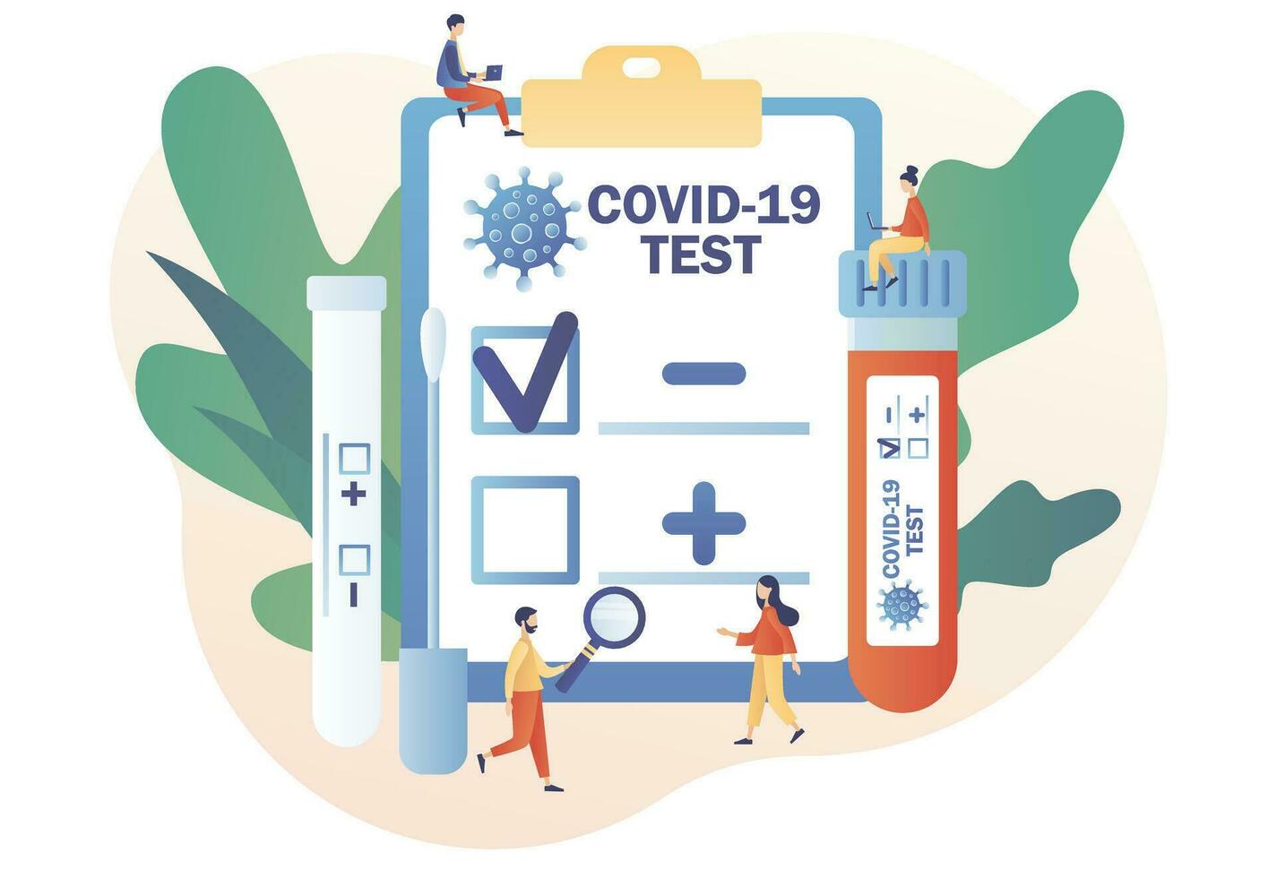 coronavirus covid-19 pruebas. positivo o negativo pruebas resultado. minúsculo médico o enfermero haciendo coronavirus pcr prueba. paciente recepción covid-19 rápido prueba. moderno plano dibujos animados estilo.vector ilustración vector