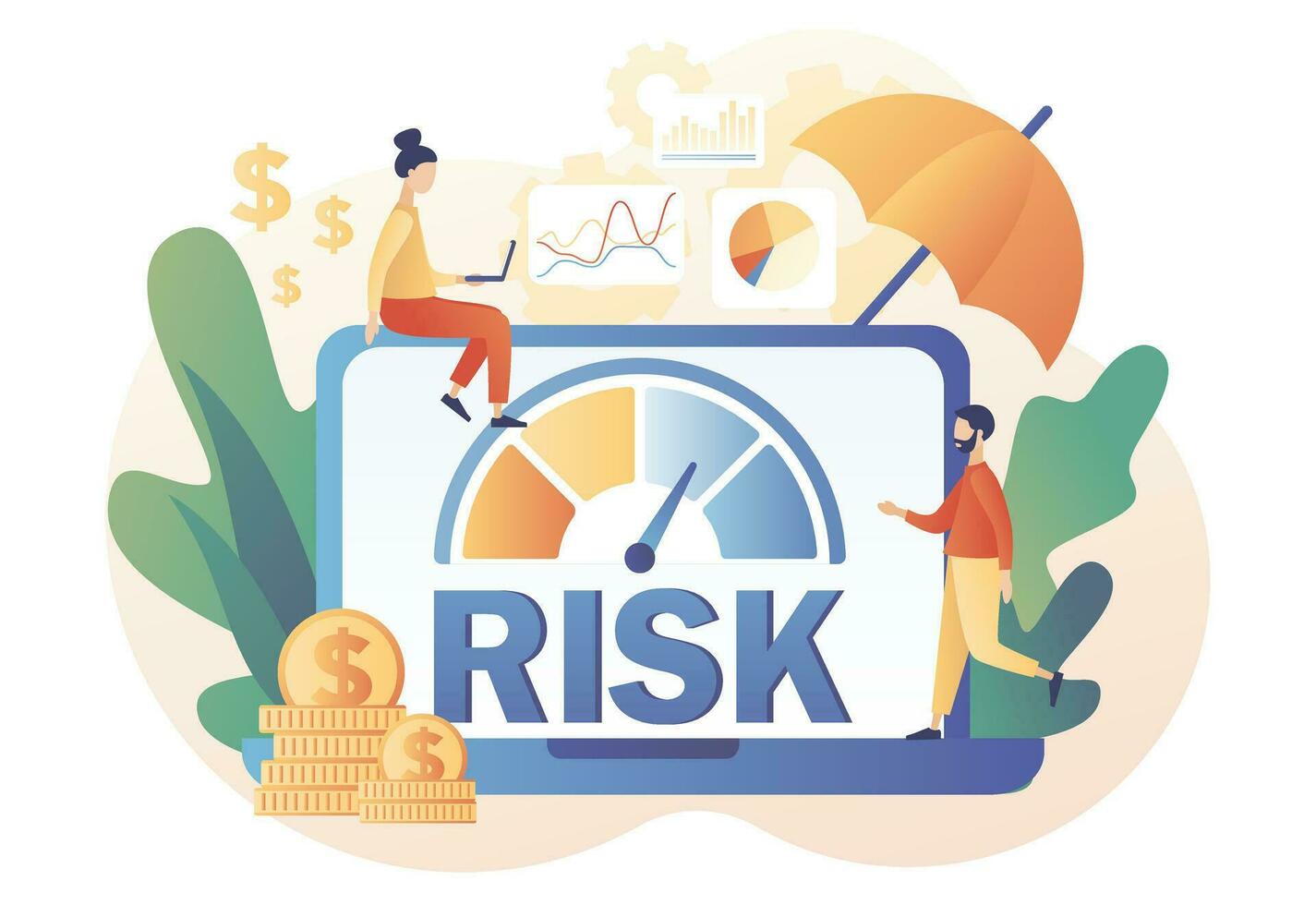 Risk management. Tiny people review, evaluate, analysis risk. Risk assessment online. Business and investment concept. Risk levels knob. Modern flat cartoon style. Vector illustration