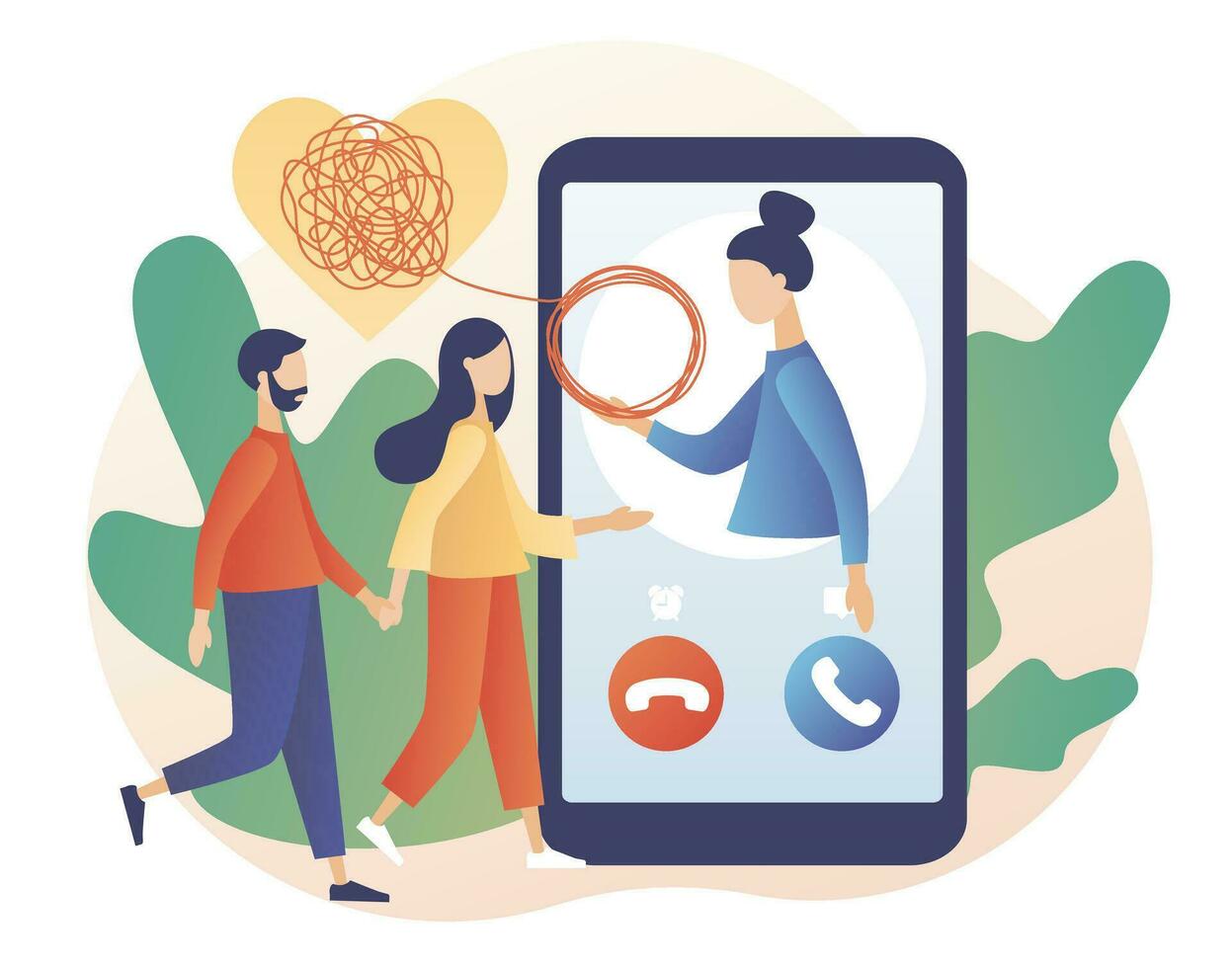 Tiny couple decides mental problems on private online counseling. Family psychologist. Male and female psychology. Psychotherapy. Psychological help. Modern flat cartoon style. Vector illustration