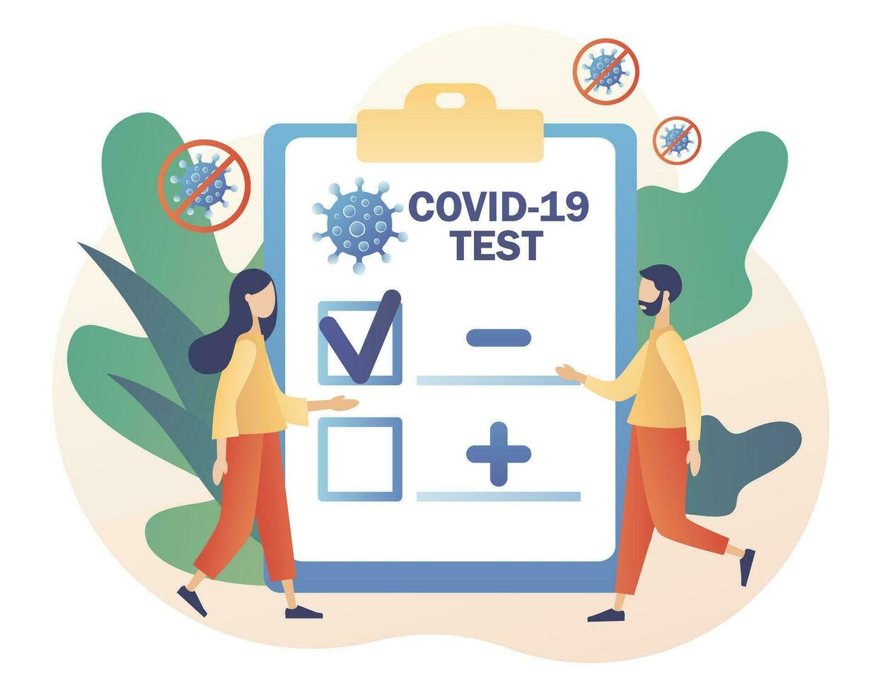 Covid-19 testing. Tiny doctor or nurse doing Coronavirus PCR test. Patient receiving Covid-19 rapid test. Positive or negative testing result. Modern flat cartoon style. Vector illustration