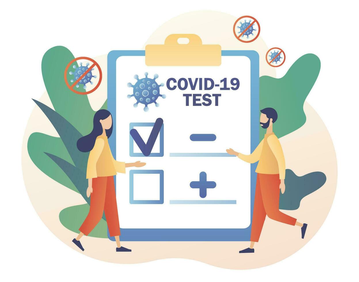 covid-19 pruebas. minúsculo médico o enfermero haciendo coronavirus pcr prueba. paciente recepción covid-19 rápido prueba. positivo o negativo pruebas resultado. moderno plano dibujos animados estilo. vector ilustración