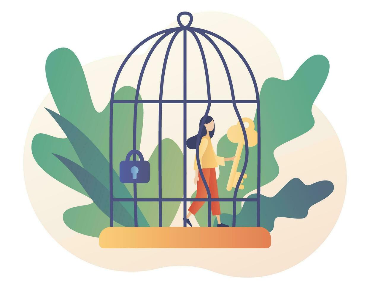 Tiny woman step out of cage. Freedom concept. Comfort zone metaphor. Inner prison. Personal development. Mind prison psychological. Modern flat cartoon style. Vector illustration on white background