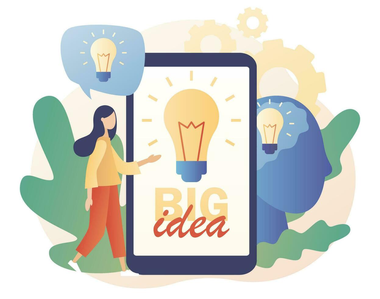 Big idea in smartphone. Tiny woman inspiration developing new business ideas. Light bulb. Innovative lamp. Thinking and brainstorm. Modern flat cartoon style. Vector illustration on white background