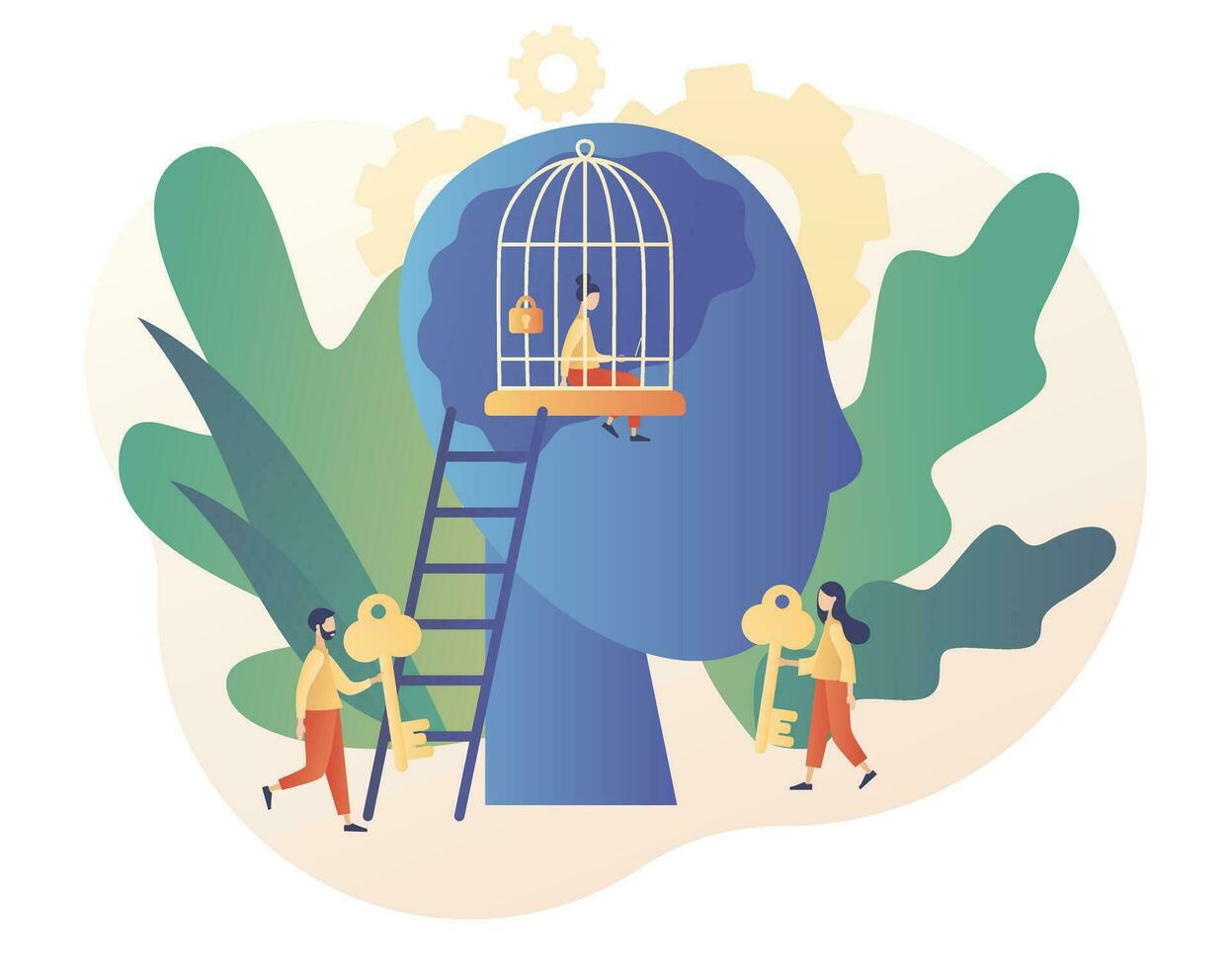 Tiny woman in cage mind. Freedom concept. Psychological prison. Comfort zone metaphor. Inner prison. Personal development. Modern flat cartoon style. Vector illustration on white background