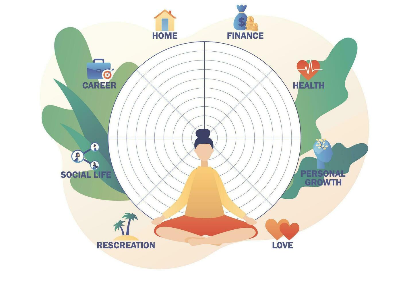 Wheel of life. Tiny woman sitting in yoga lotus pose. Life balance concept. Meditation. Coaching tool. Human needs. Life coaching. Modern flat cartoon style. Vector illustration on white background