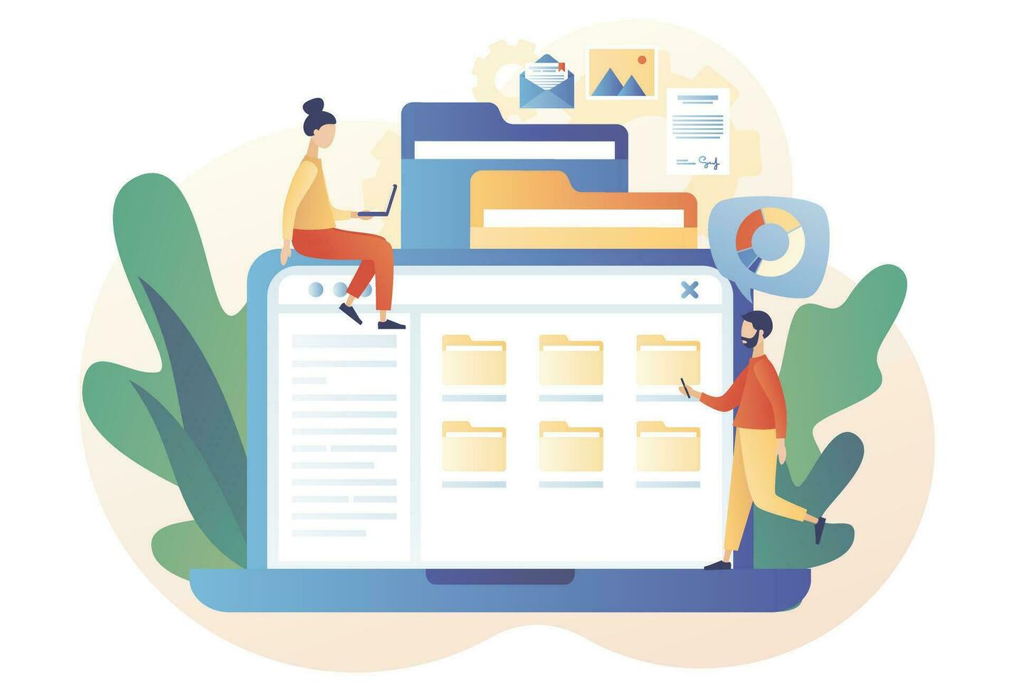 File management concept. Folders, documents and media content. Tiny people search files on laptop. Data storage. Modern flat cartoon style. Vector illustration on white background