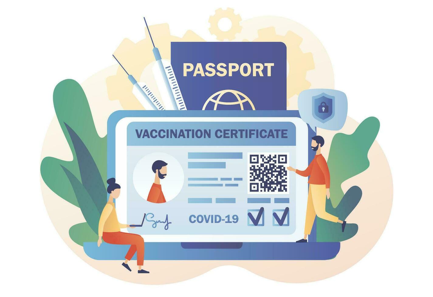 Vaccination certificate online. Vaccine passport. People health passport of vaccination for covid-19. Travel during Coronavirus pandemic. Modern flat cartoon style. Vector illustration