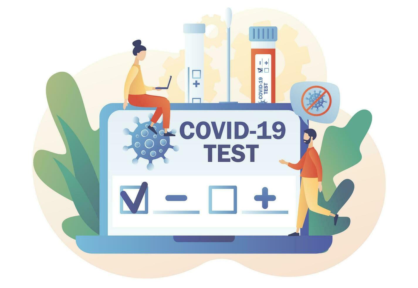 Covid-19 testing. Tiny doctor or nurse doing Coronavirus PCR test. Positive or negative testing result online. Patient receiving Covid-19 rapid test. Modern flat cartoon style. Vector illustration