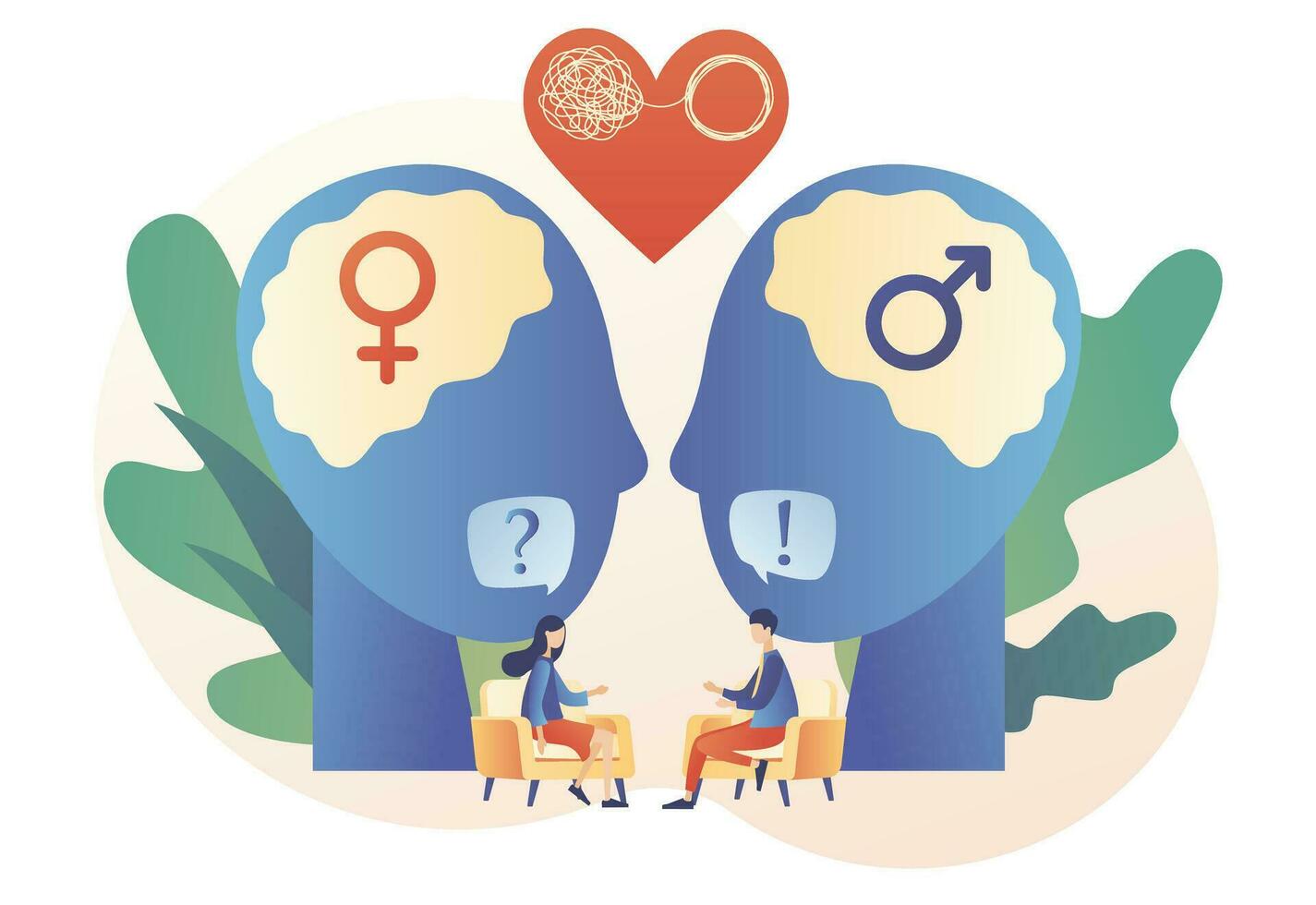 Male and female psychology. Family psychologist. Tiny couple decides mental problems on private counseling. Psychotherapy. Psychological help. Modern flat cartoon style. Vector illustration