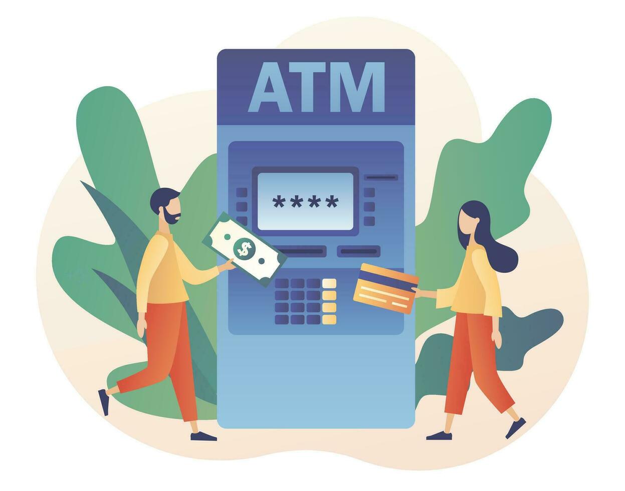 ATM concept. Tiny people waiting in line near atm machine holding credit card and money. Banking terminal. Online payment. Modern flat cartoon style. Vector illustration on white background