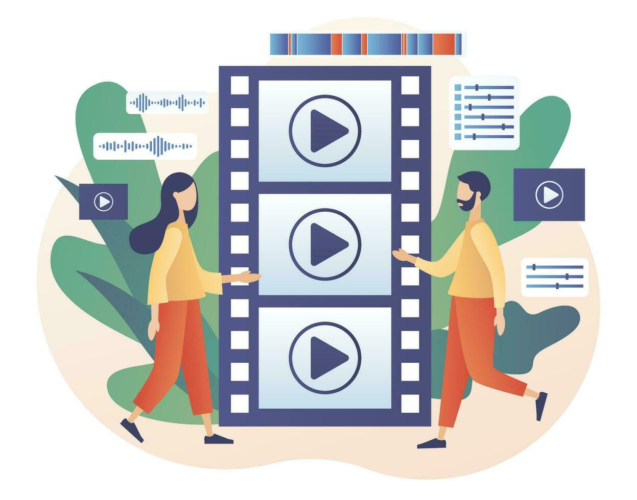 Video editor. Video maker online course. Tiny people footage editing and making multimedia content production. Studio filmmaking. Modern flat cartoon style. Vector illustration on white background
