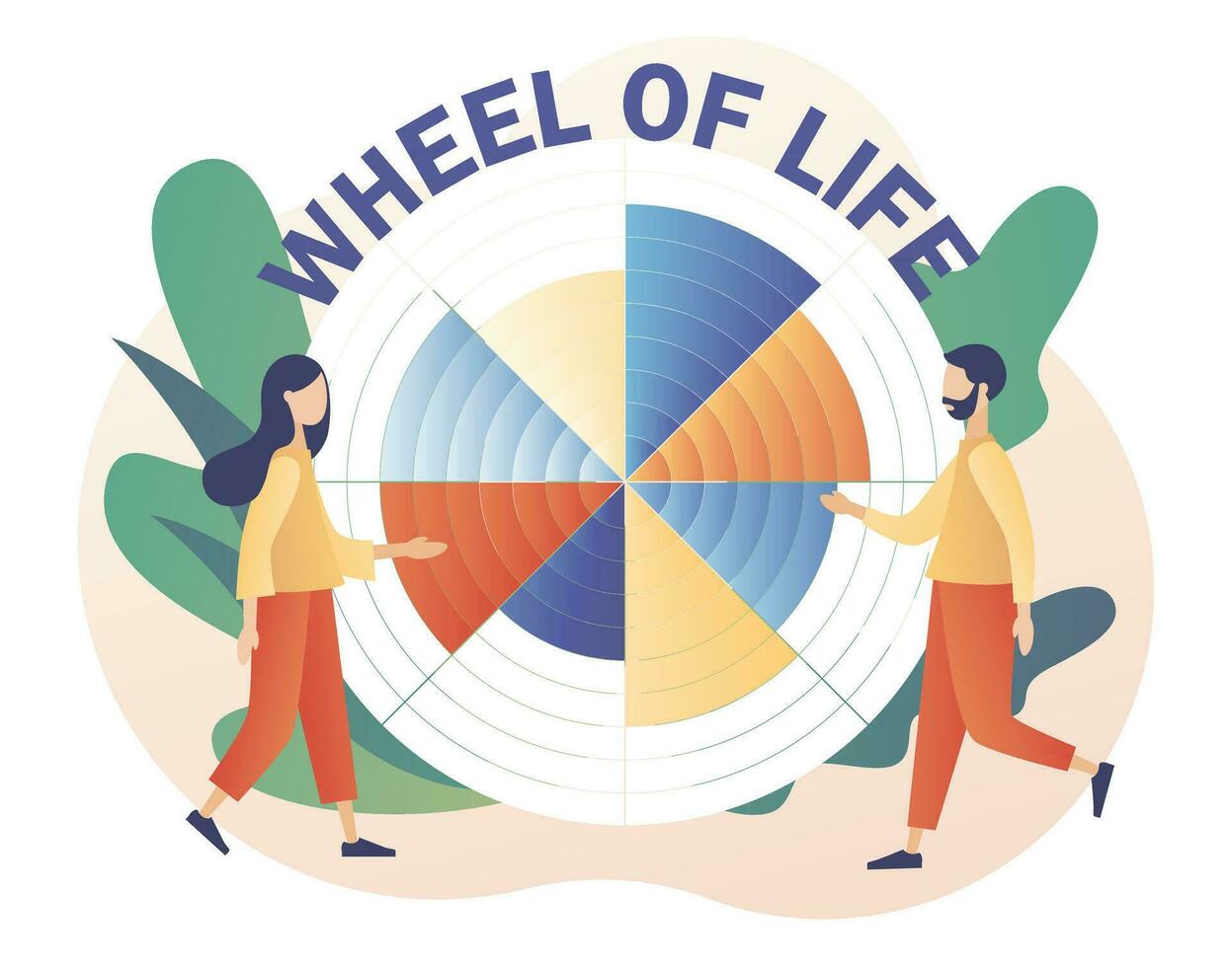Wheel of life. Tiny people use coaching tool in diagram. Human needs. Life balance concept. Life coaching. Modern flat cartoon style. Vector illustration on white background