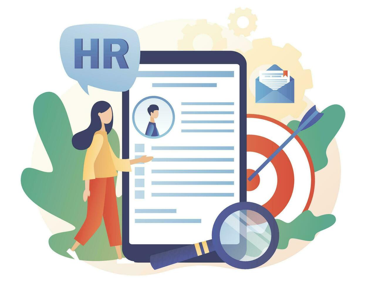 Human Resources management. HR department. Employer hiring candidates online. Recruitment agency, employment, headhunting business. Modern flat cartoon style. Vector illustration on white background