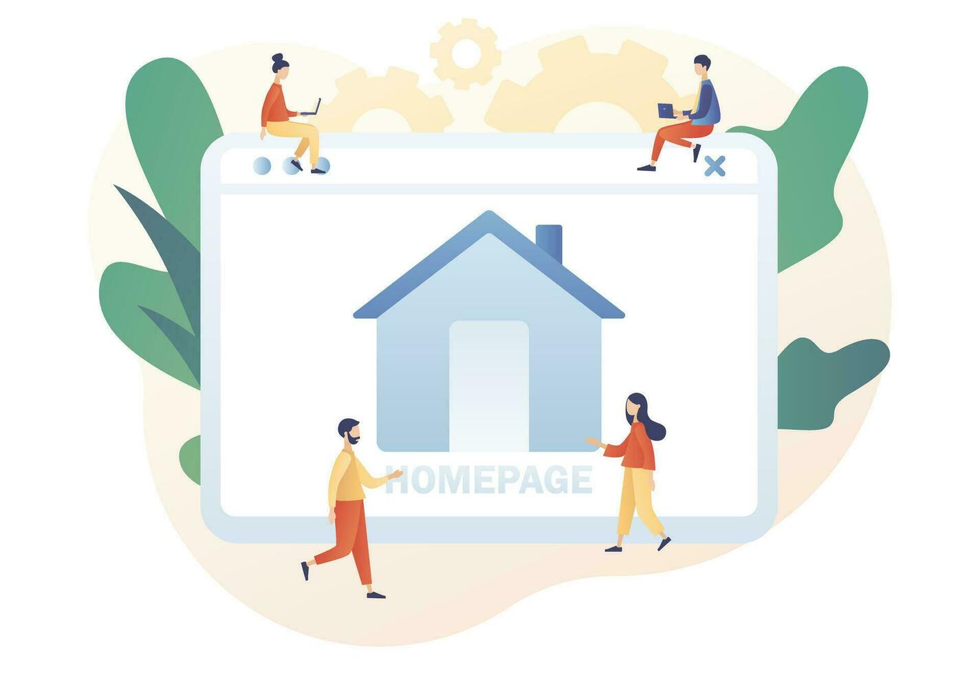 Tiny people working on website home page development, optimization, setup. Homepage - web page design. Modern flat cartoon style. Vector illustration on white background