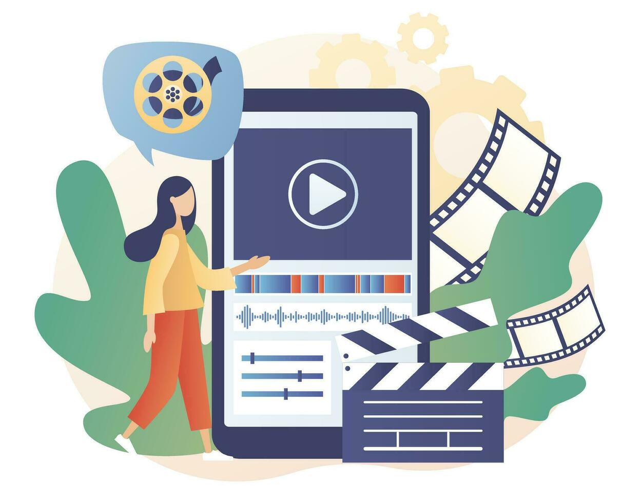 Video editor studio. Tiny woman footage editing and making multimedia content production in smartphone app. Video maker online. Modern flat cartoon style. Vector illustration on white background