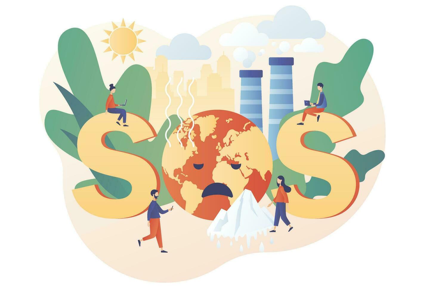 SOS - big text. Climate change. Global warming concept. Tiny people trying save planet Earth. World Environment day. Ecology hazards, air pollution. Modern flat cartoon style. Vector illustration