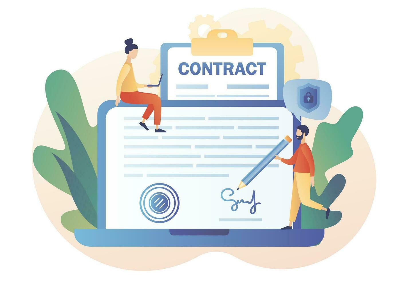 Tiny business people signing agreement, legal document or contract on laptop web site. Contract online. Digital signature. Modern flat cartoon style. Vector illustration on white background